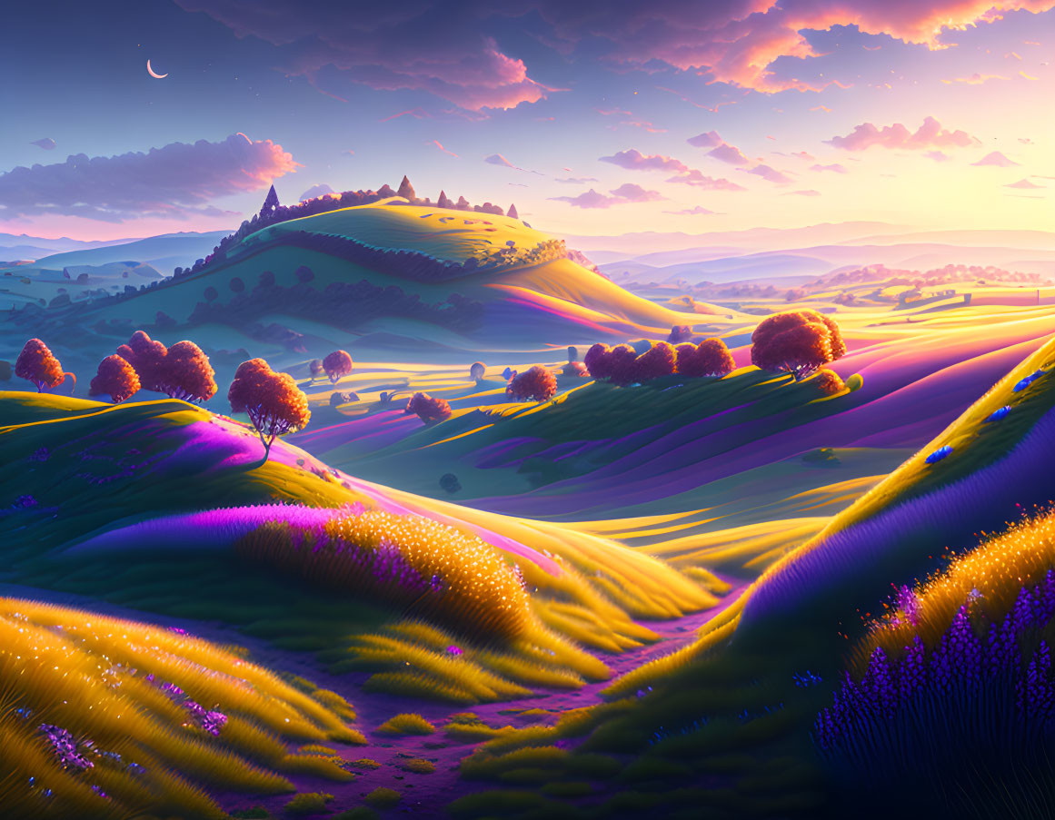 Colorful Digital Artwork: Rolling Hills & Purple Sky with Crescent Moon