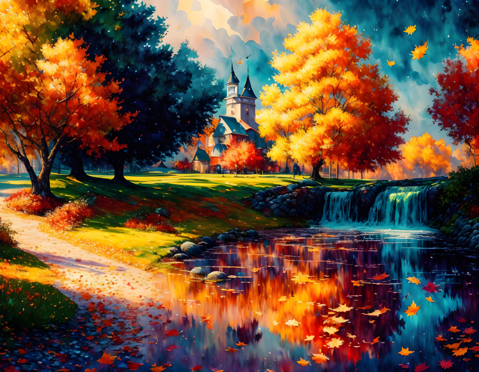 Scenic autumn landscape with waterfall, river, foliage, and church