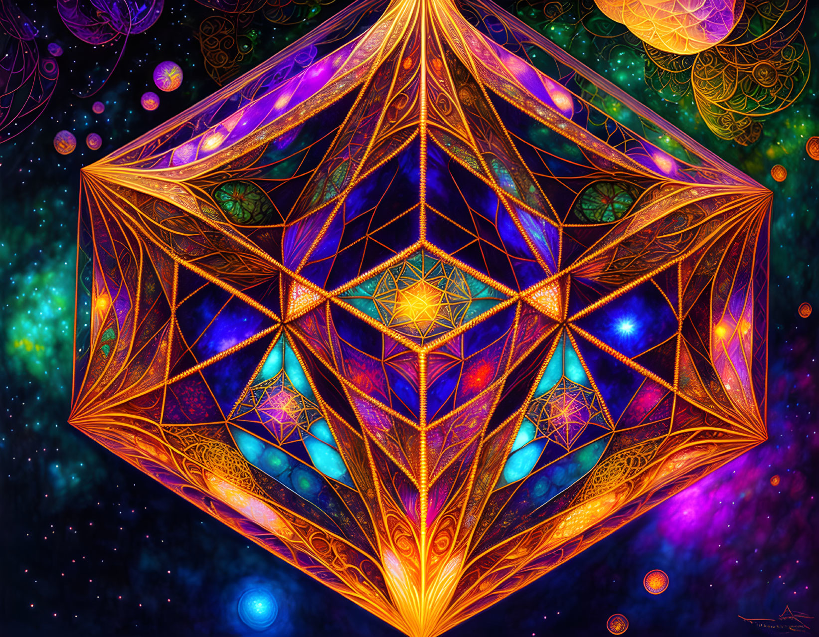 Colorful geometric digital artwork against cosmic backdrop