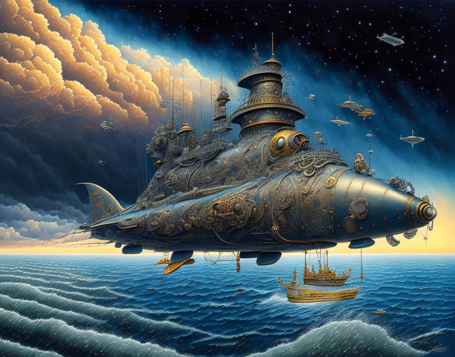 Steampunk-style submarine with dirigibles in starry sky.