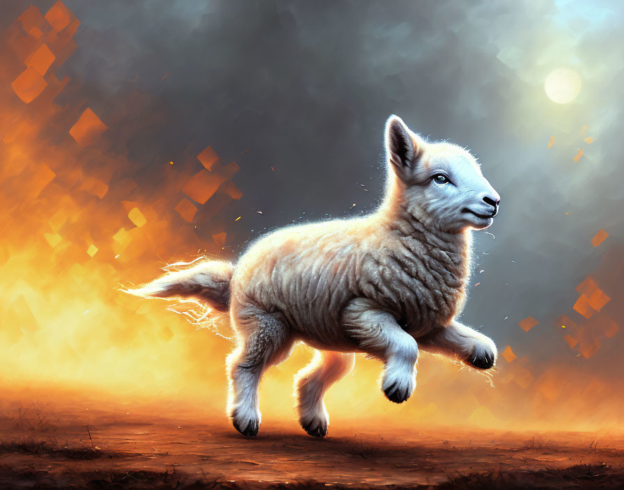 Joyful lamb on fiery orange background with abstract shapes