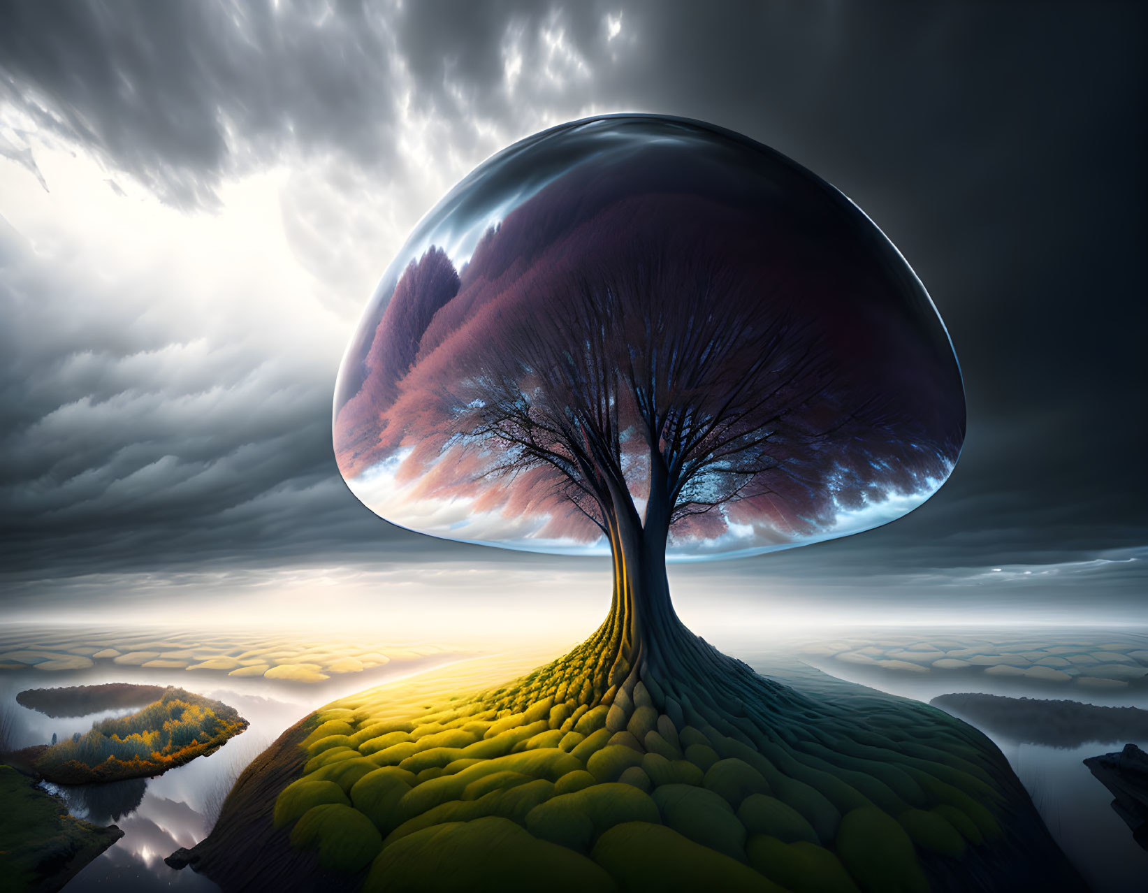 Surreal tree with reflective dome canopy in dramatic landscape