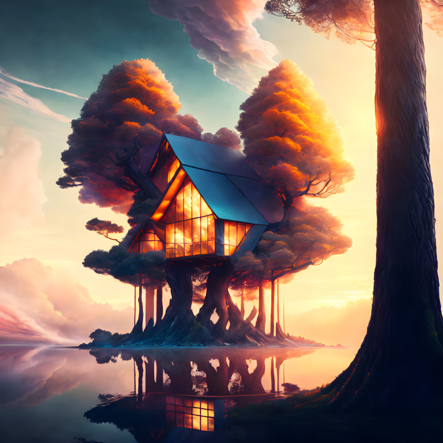 Surreal glowing treehouse surrounded by orange trees and tranquil waters