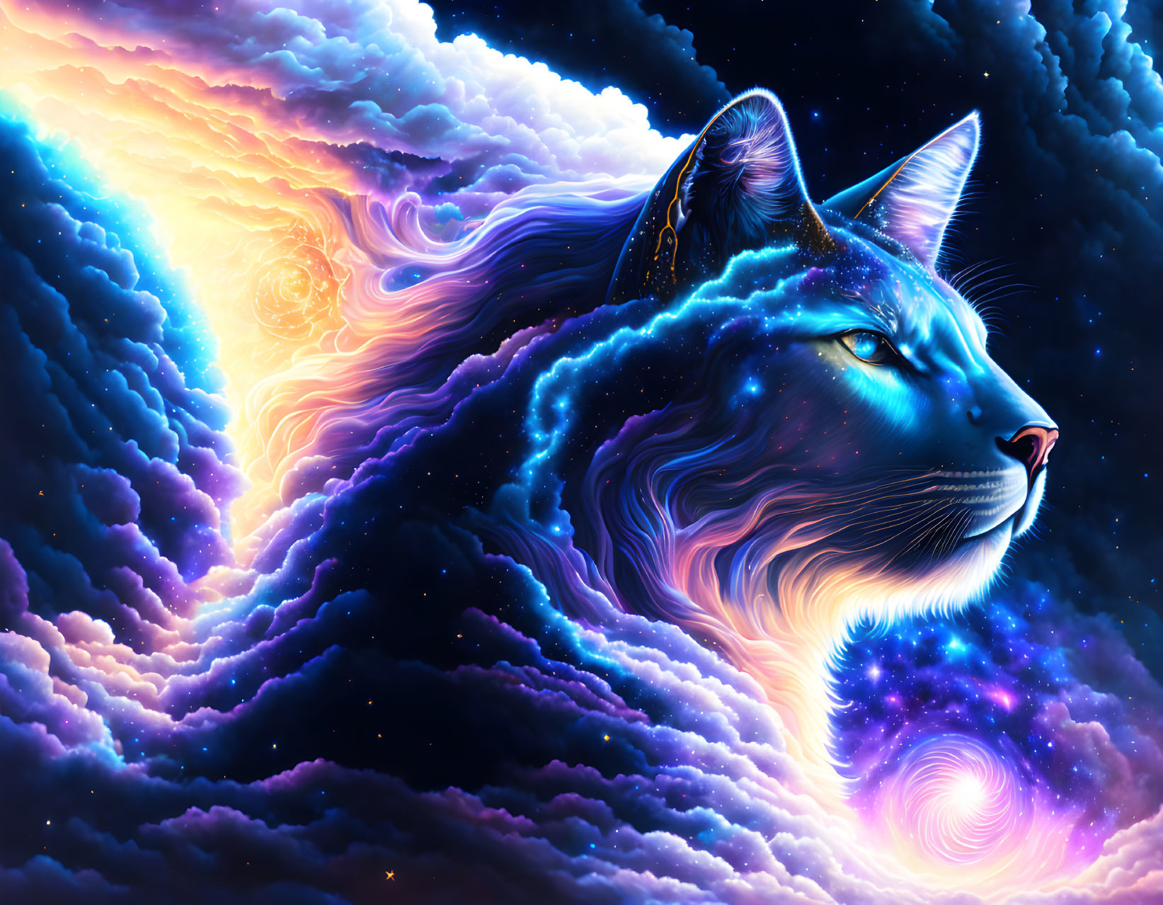 Majestic cosmic cat with stellar nebula fur in vibrant space scene