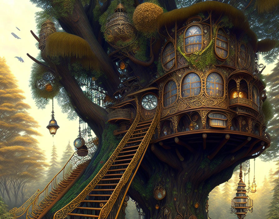 Ornate treehouse with lush surroundings in mystical forest