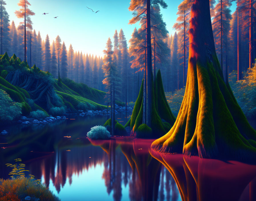 Tranquil forest sunset: towering trees, calm river, lush greenery