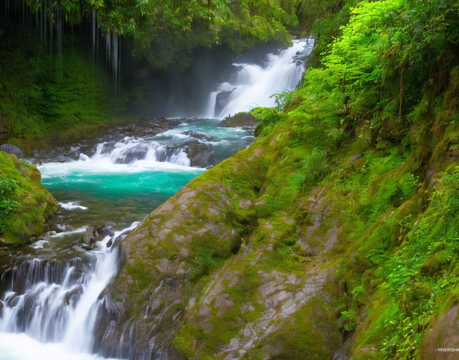 Tranquil waterfall in lush green forest