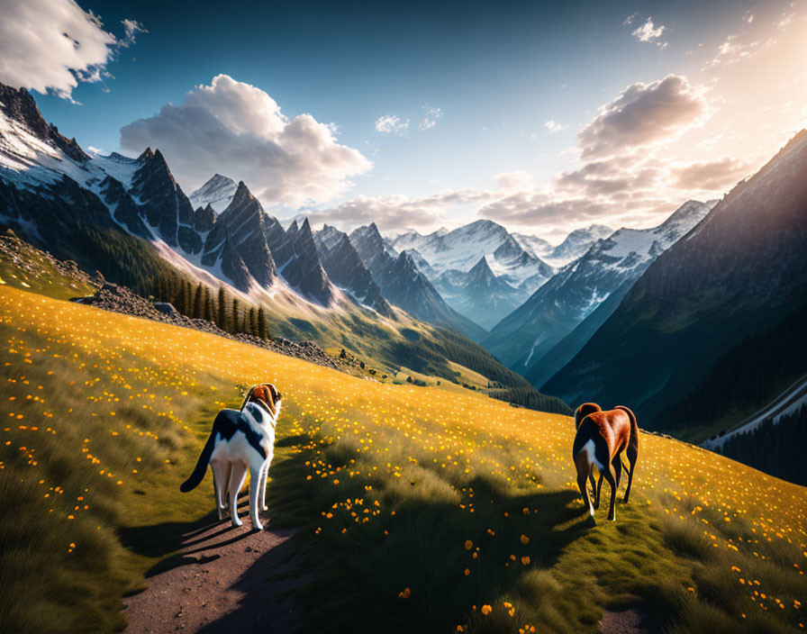 Dog and horse in blooming meadow with mountain peaks and radiant sunset.