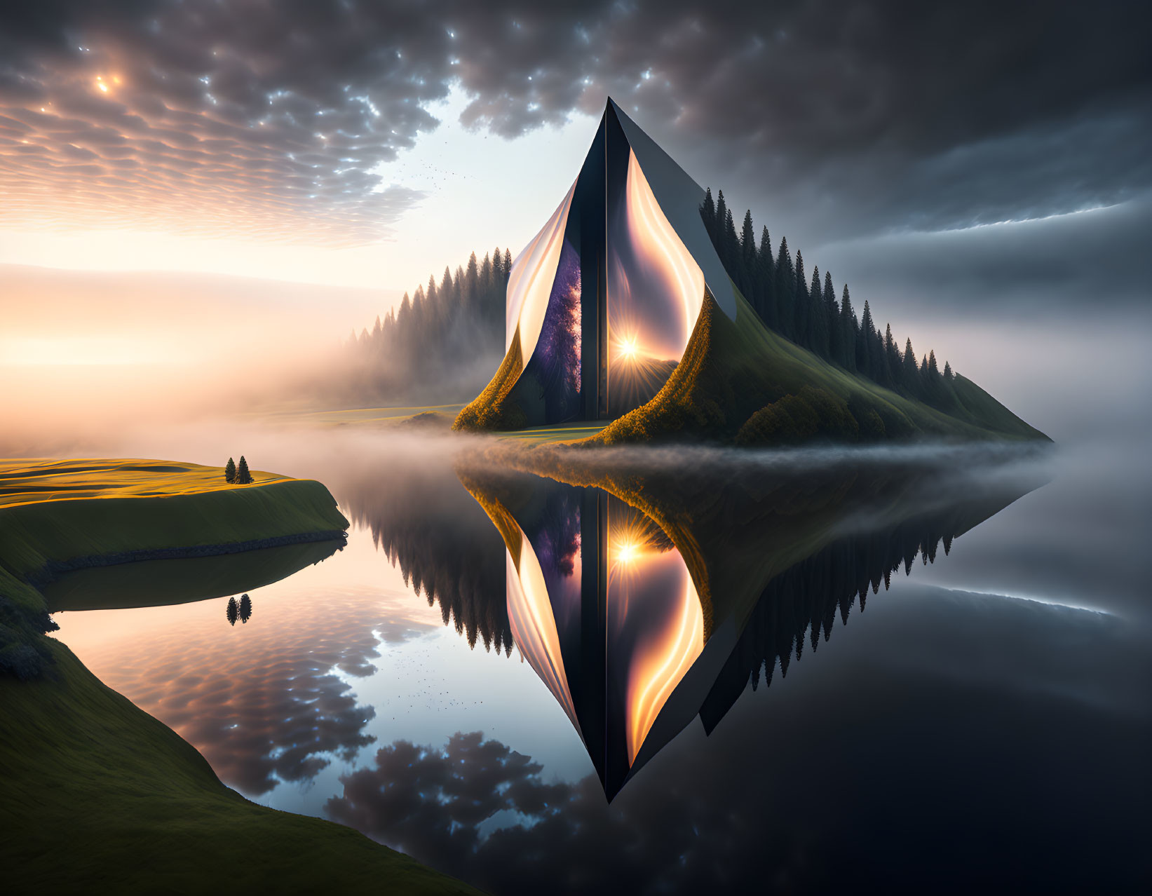 Surreal landscape with crystal-like structure, calm lake, misty hills, and dramatic sky