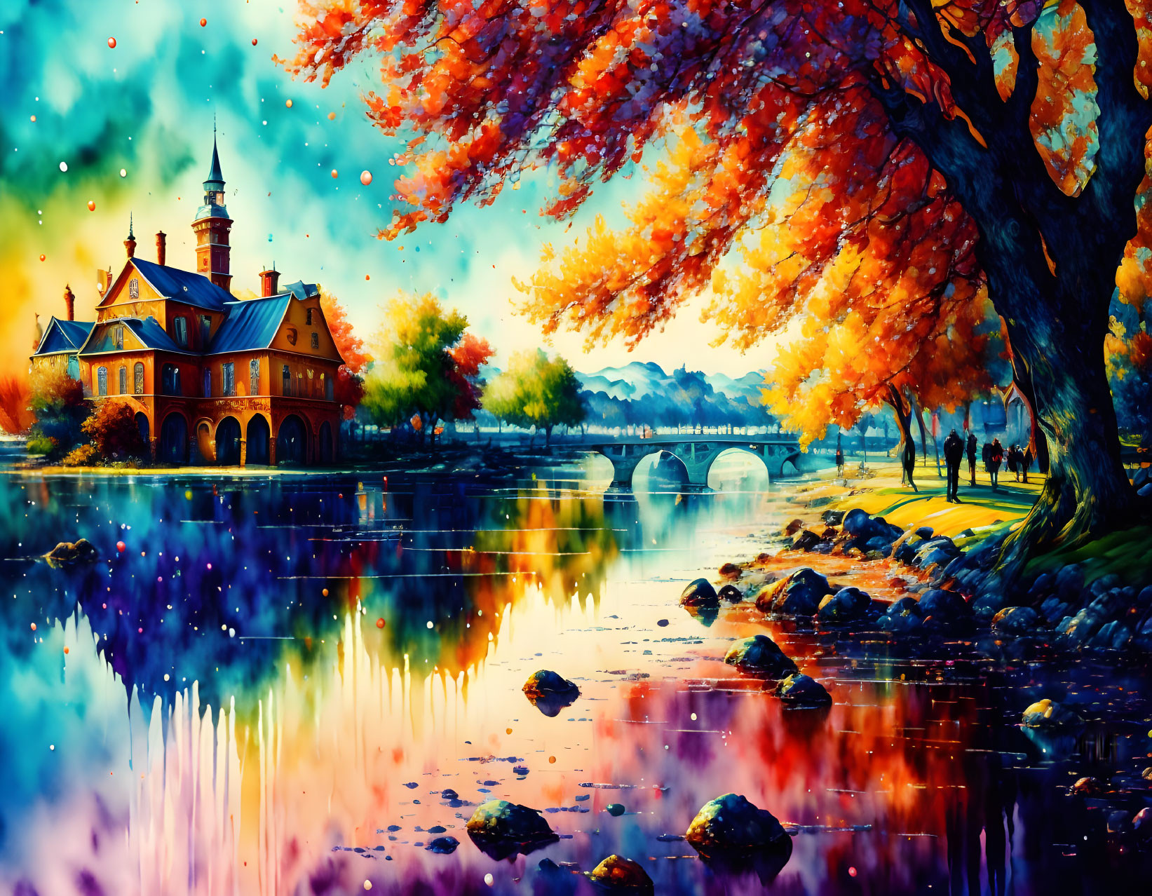 Colorful Victorian house by lake in autumn landscape with stone bridge.