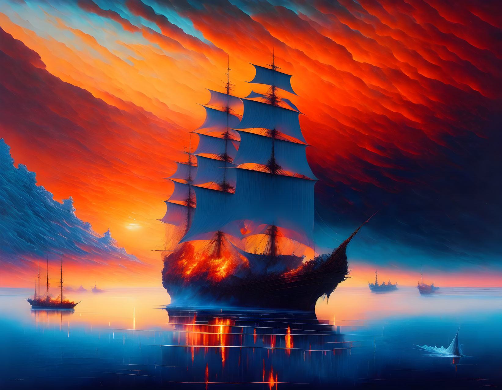 Sailing ship on tranquil waters under vibrant orange sky