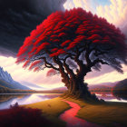 Majestic red tree by tranquil lake near mountains at dusk