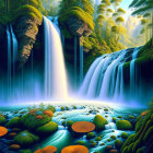 Illustration: Cascading waterfall in lush jungle with sunbeams and orange flowers