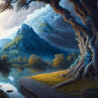 Tranquil landscape with majestic tree, serene lake, and cloud-covered mountains