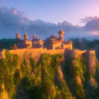 Majestic castle on forested hill at sunset