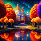 Colorful Fantasy Palace with Starry Night Sky and Glowing Lanterns