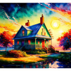 Colorful Two-Story House Illustration by Lake with Autumn Trees & Starry Sky