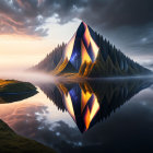 Surreal landscape with crystal-like structure, calm lake, misty hills, and dramatic sky