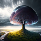 Surreal tree with reflective dome canopy in dramatic landscape