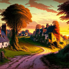 Scenic sunset over quaint village with thatched-roof houses