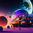 Surreal landscape with Victorian house, moons, orbs, and alien terrain