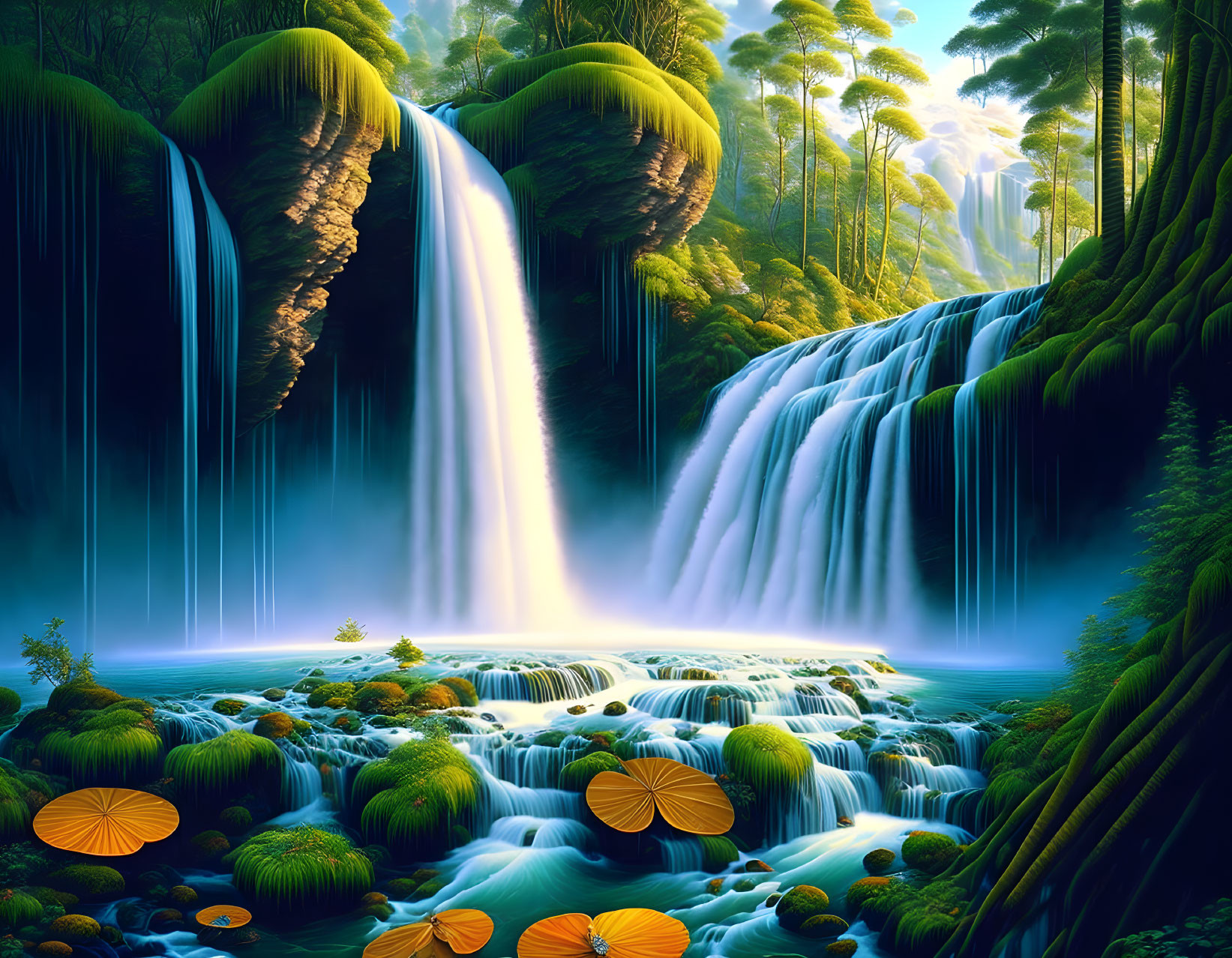 Illustration: Cascading waterfall in lush jungle with sunbeams and orange flowers