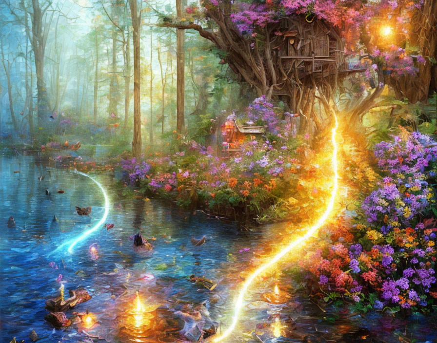 Luminous forest scene with water path, vibrant flowers, ducks, and glowing treehouse