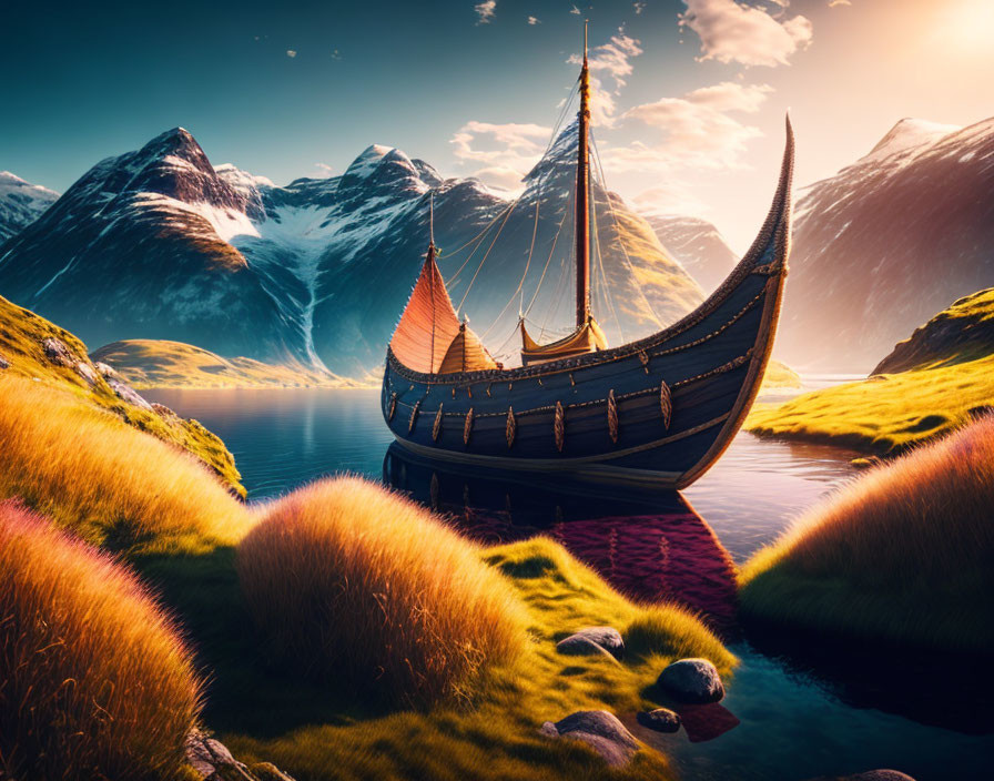 Ancient Viking longship in serene fjord with mountains and sunlight.