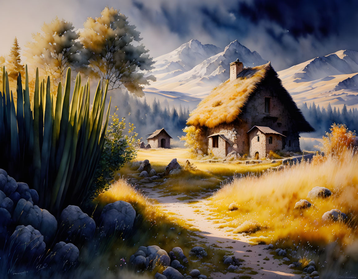 Thatched-Roof Cottages in Golden Fields and Mountains