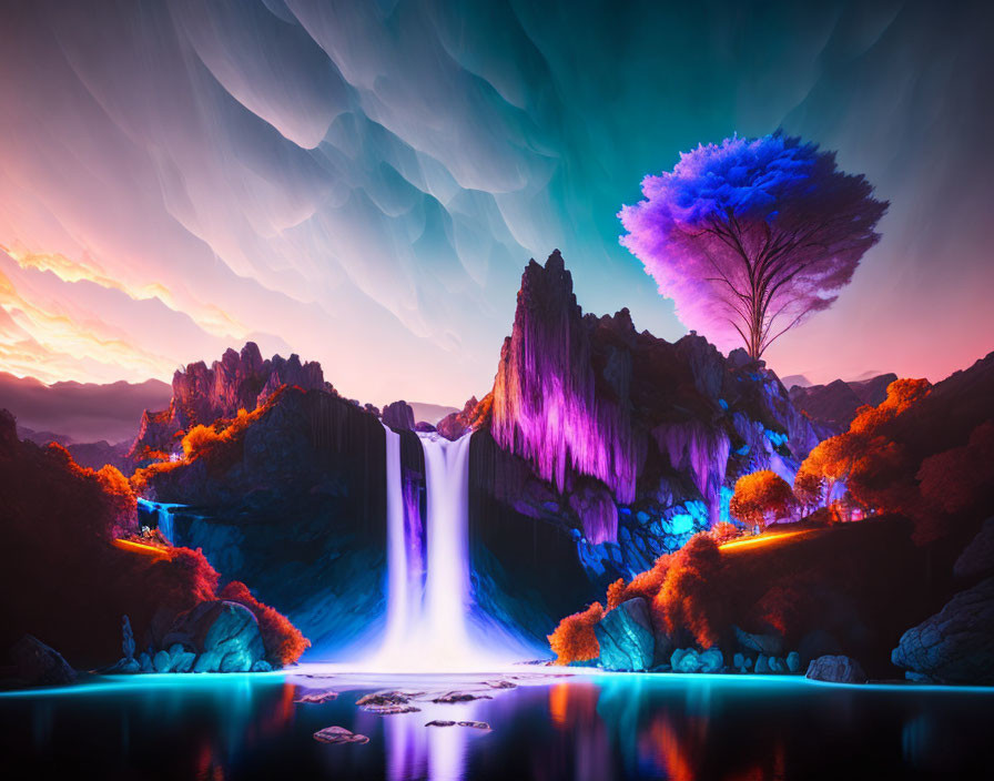 Colorful surreal landscape with waterfall, cliffs, river, tree, and wavy sky