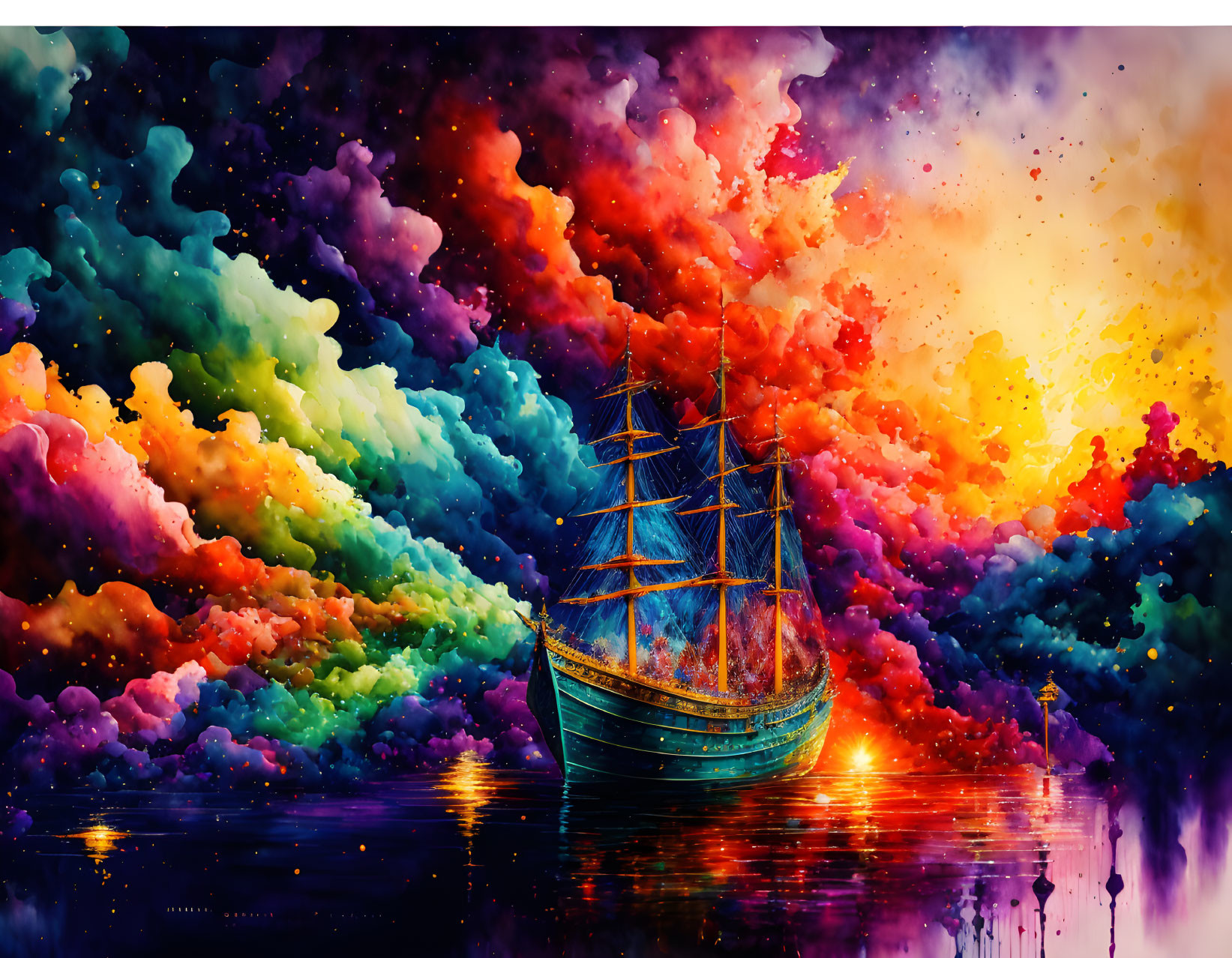 Colorful ship at sea with surreal sky & reflection: Dreamlike artwork