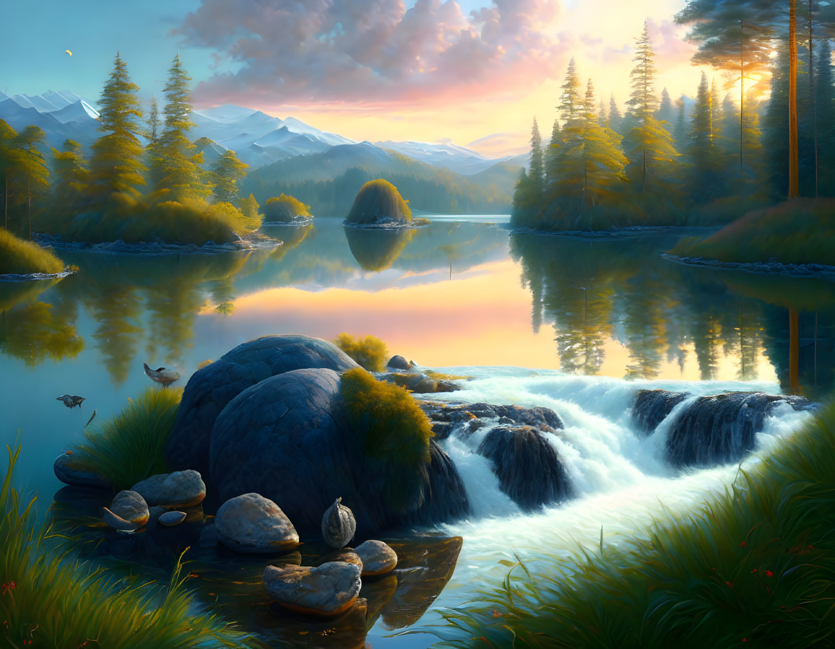 Tranquil landscape: waterfall, river, rocks, golden trees, mountains, sunset sky