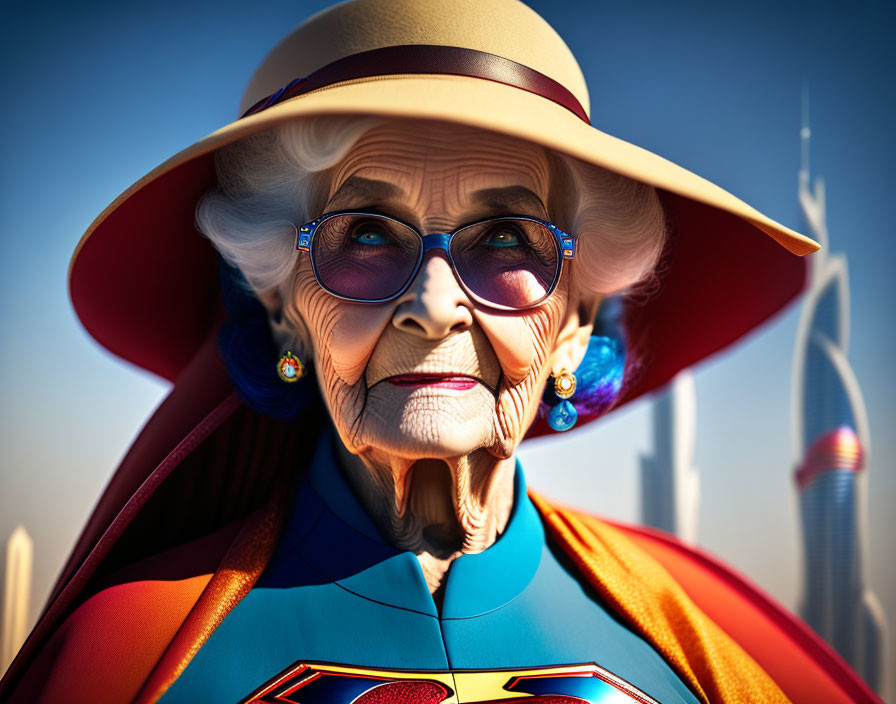 Elderly Superheroine in Glasses and Sunhat City Skyline Portrait