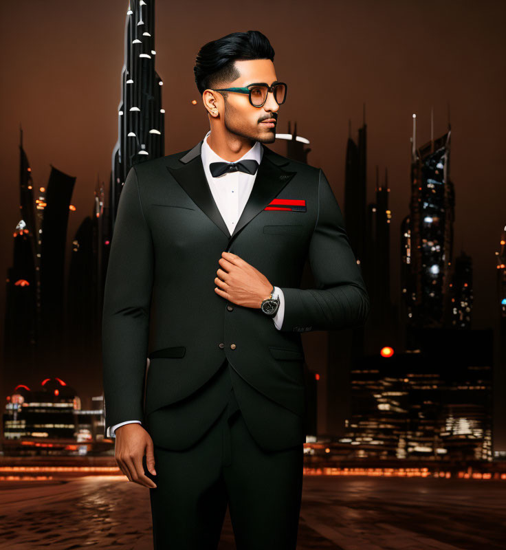 Confident man in black suit with red pocket square and sunglasses against cityscape at dusk