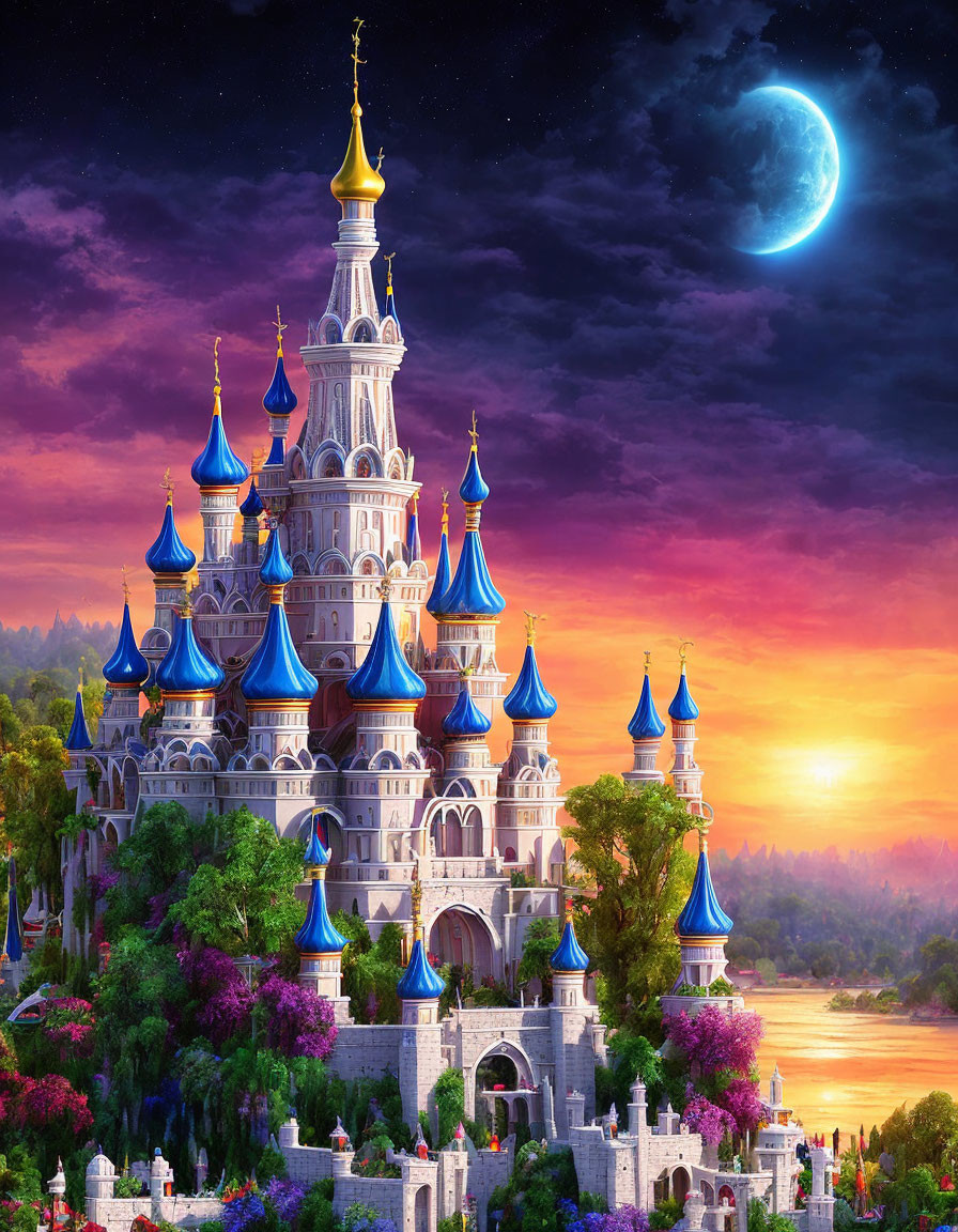 Castle with Blue Spires by River at Sunset & Crescent Moon