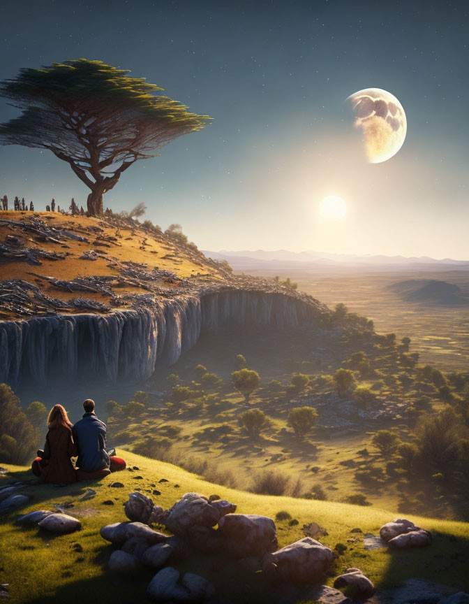 Couple on grassy hill with waterfall, tree, sun, and moon landscape