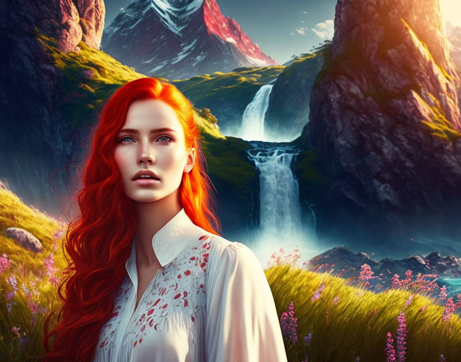 Scenic landscape with woman, red hair, waterfall, cliffs, flowers, sunset.