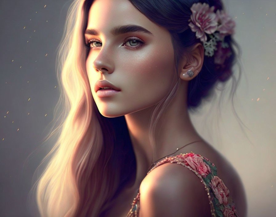 Digital artwork: Woman with floral hair adornment and dress in warm ambient light