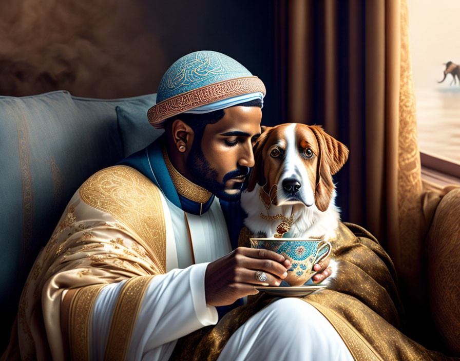 Man in traditional attire with dog looking out window at desert landscape