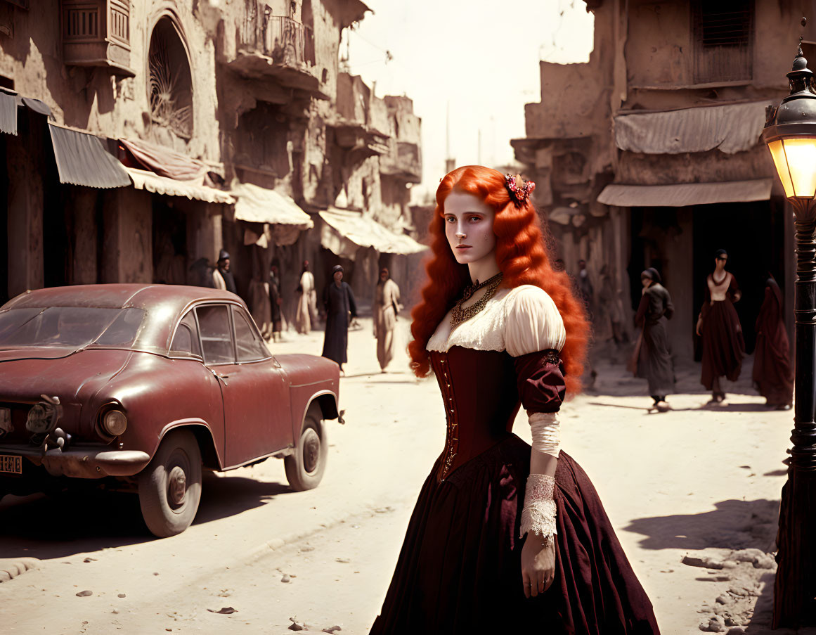 Red-haired woman in vintage dress on old street with classic car and lamp post