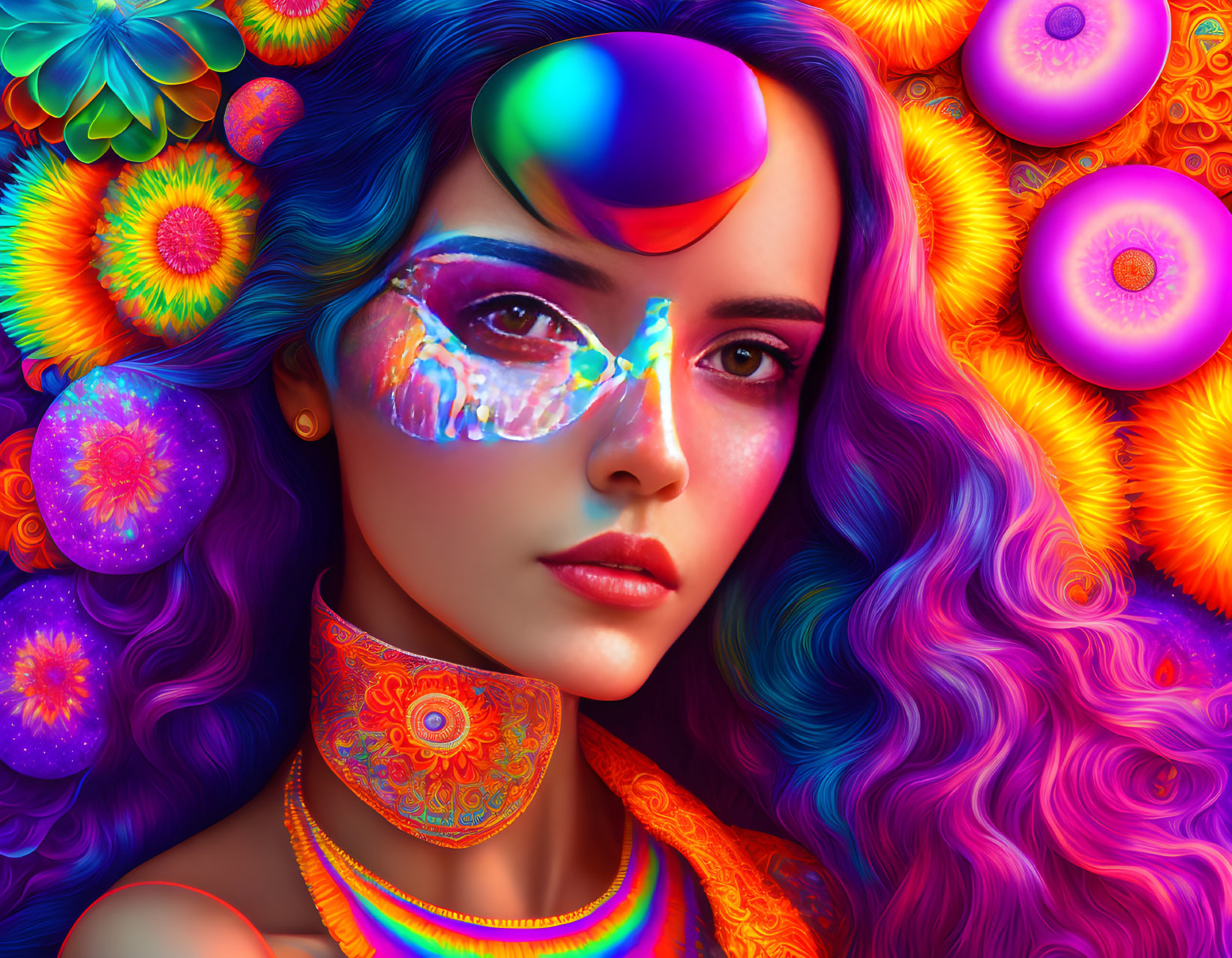 Colorful portrait of a woman with psychedelic face paint and kaleidoscopic background