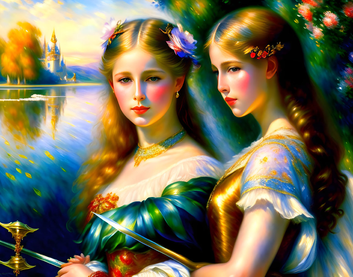 Two women with floral hair adornments in front of dreamy castle backdrop