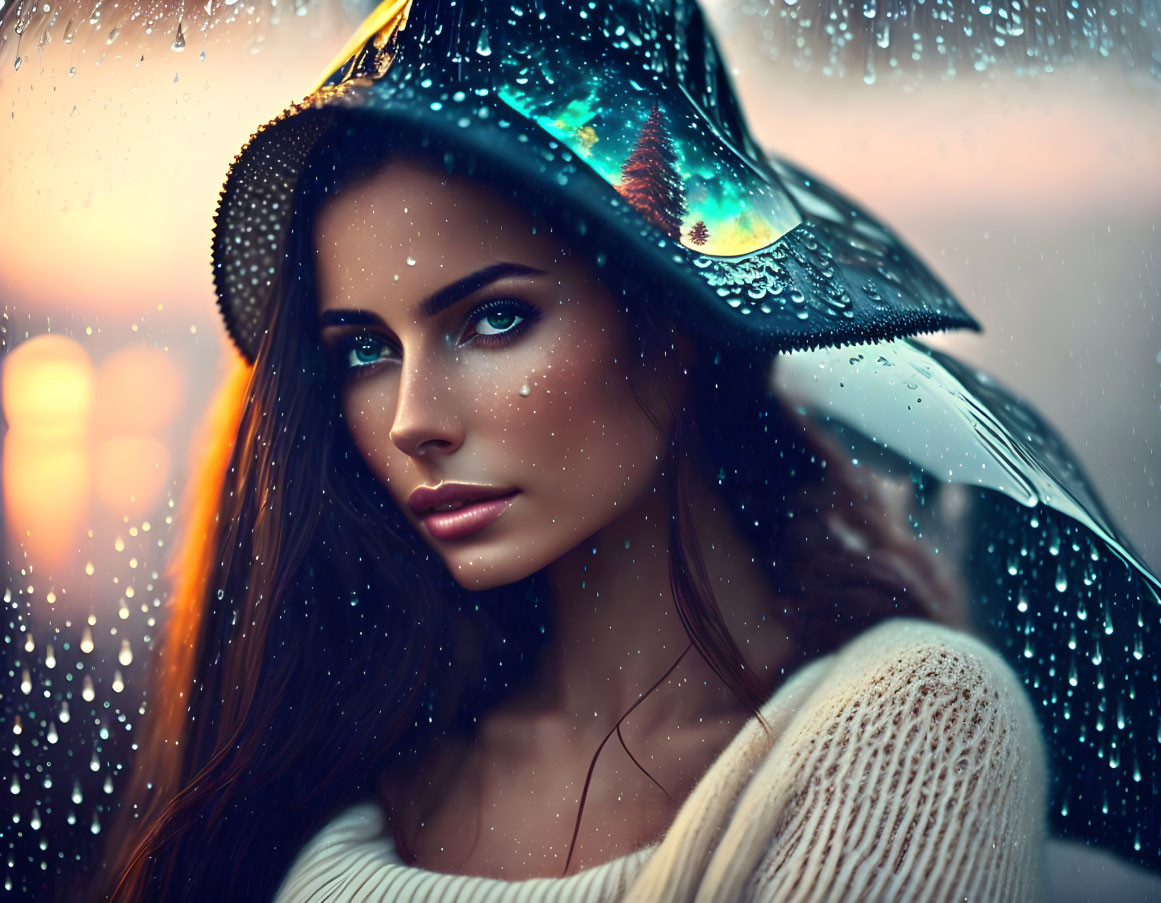 Captivating woman in iridescent wide-brimmed hat under raindrops