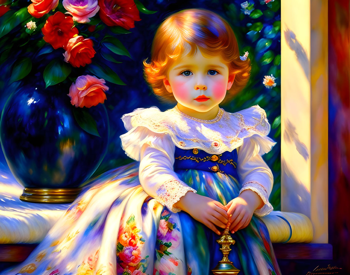 Young child with rosy cheeks in floral dress beside red roses vase