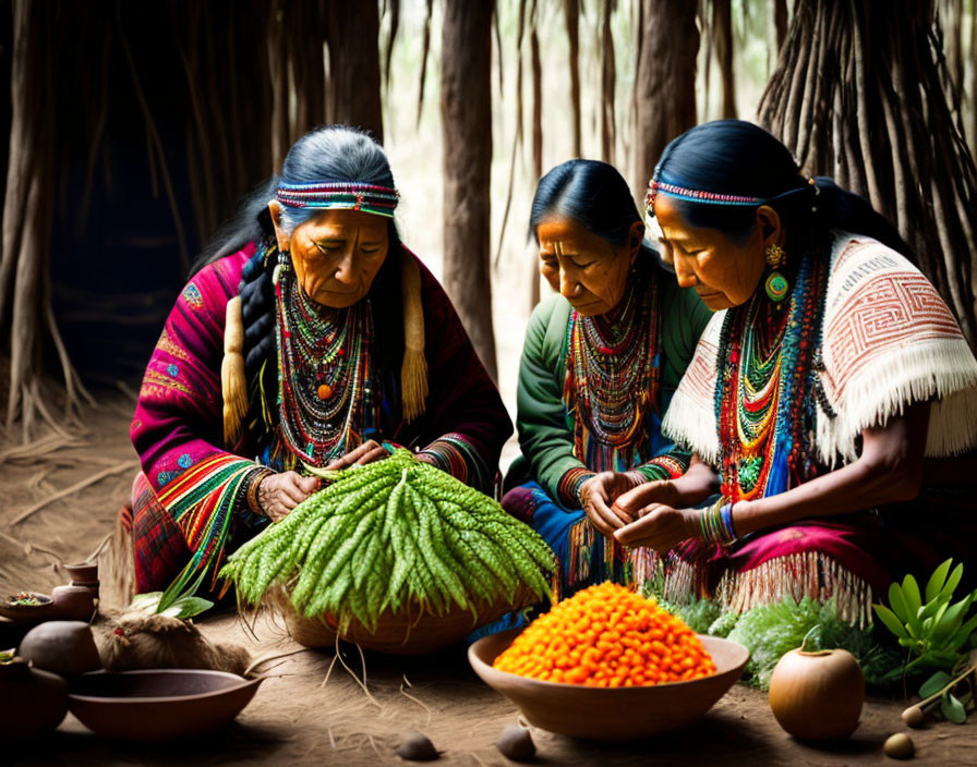 Women in traditional attire with green leaves and orange berries in rustic setting