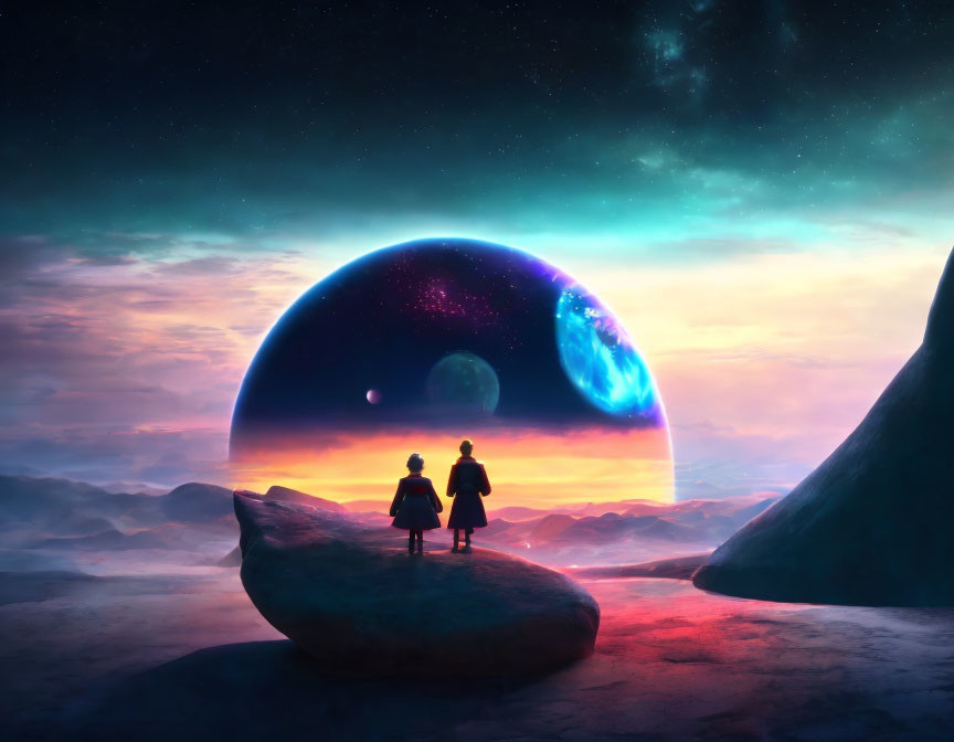 Silhouetted figures on rock gaze at cosmic bubble with planets under twilight sky