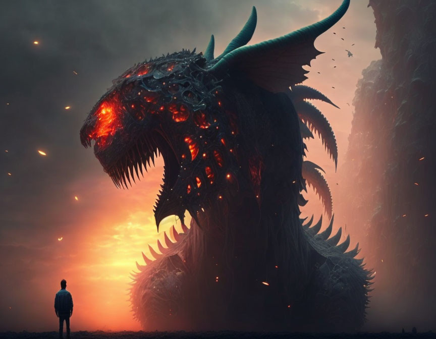 Colossal dragon with glowing eyes in front of dusky skyline