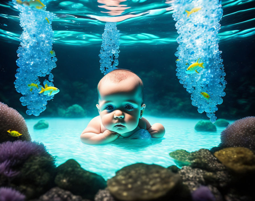 Baby in clear water surrounded by vibrant underwater flora and fish.