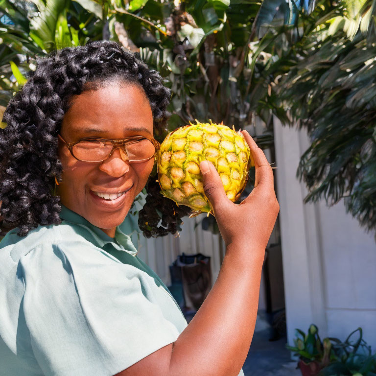 Smiling person with sunglasses holding a pineapple outdoors