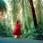 Person in Red Dress Surrounded by Greenery and Trees